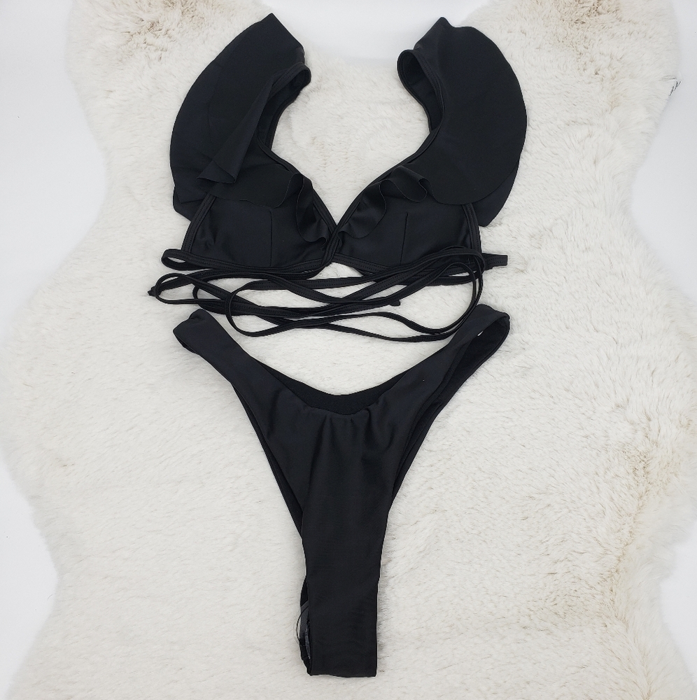 Black  Wrap Around Top High Leg Bottom Bikini Set - Picture 3 of 5